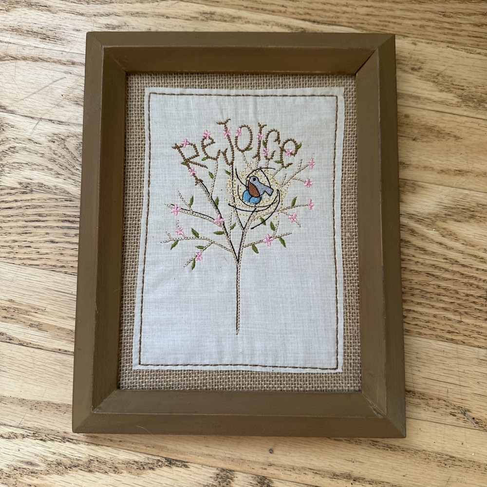 Framed Needlework Embroidery Floral Bird (no glass) "rejoice" Religious